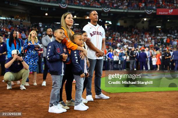 Former Houston Astros player Michael Brantley looks on during the pre-game ceremony prior to the game between the New York Yankees and the Houston...