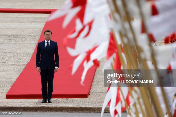 France's President Emmanuel Macron arrives at the Planalto Palace in Brasilia, on March 28, 2024. French President Emmanuel Macron and his Brazilian...