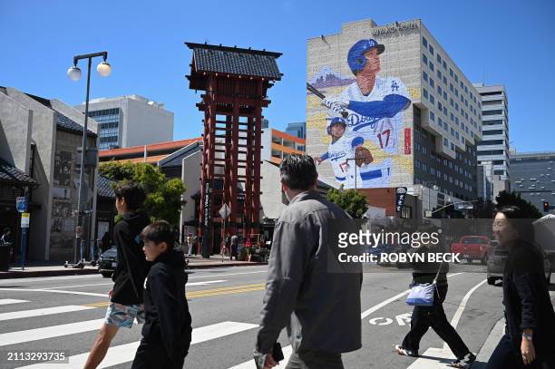 Mural showing Los Angeles Dodgers Japanese player Shohei Ohtani is seen on the side of the Miyako Hotel in Little Tokyo in downtown Los Angeles,...