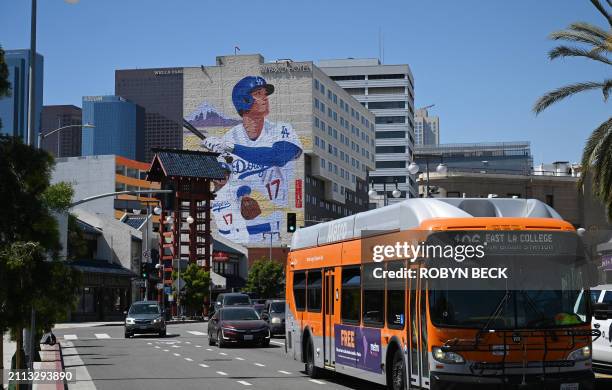 Mural showing Los Angeles Dodgers Japanese player Shohei Ohtani is seen on the side of the Miyako Hotel in Little Tokyo in downtown Los Angeles,...