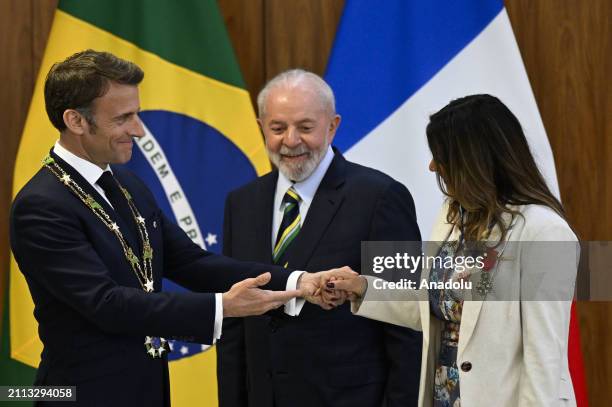 French President Emmanuel Macron awards Brazilian First Lady Rosangela ''Janja'' da Silva with the National Order of the Legion of Honour Officer's...