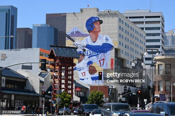 Mural showing Los Angeles Dodgers Japanese player Shohei Ohtani is seen on the side of the Miyako Hotel in Little Tokyo in downtown Los Angeles,...