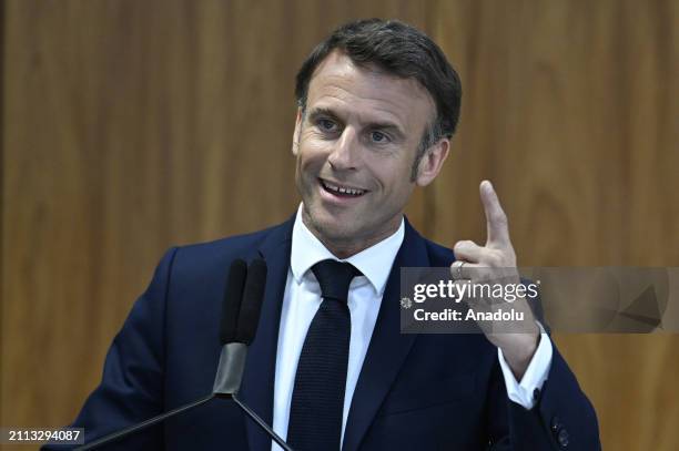 French President Emmanuel Macron and Brazilian President Luiz Inacio Lula da Silva hold a joint press conference after their meeting at the Planalto...