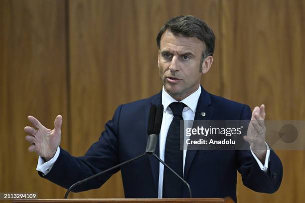 French President Emmanuel Macron and Brazilian President Luiz Inacio Lula da Silva hold a joint press conference after their meeting at the Planalto...