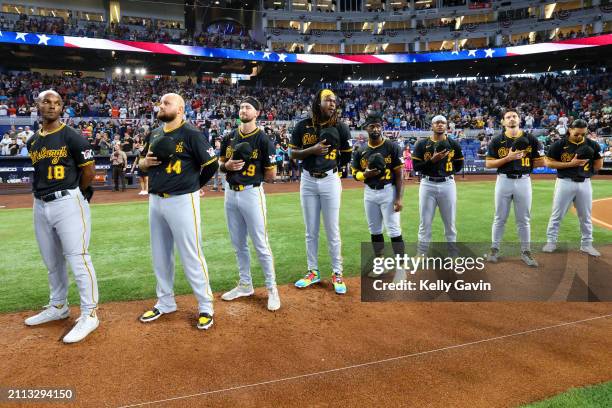 The Pittsburgh Pirates look on prior to the game between the Pittsburgh Pirates and the Miami Marlins at loanDepot park on Thursday, March 28, 2024...