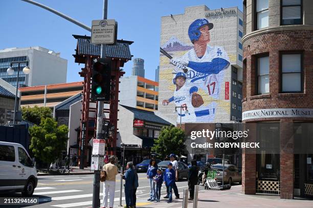 Mural showing Los Angeles Dodgers Japanese player Shohei Ohtani is seen on the side of the Miyako Hotel in Little Tokyo in downtown Los Angeles,...