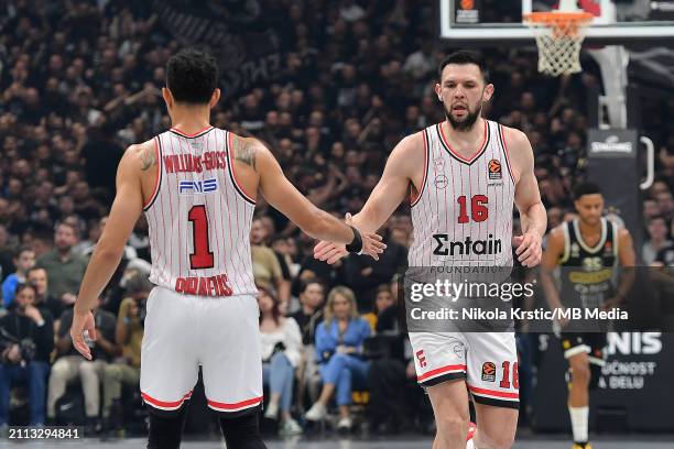 Kostas Papanikolaou of Olympiacos Piraeus reacts during the 2023/2024 Turkish Airlines EuroLeague, Round 32 match between Partizan Mozzart Bet...