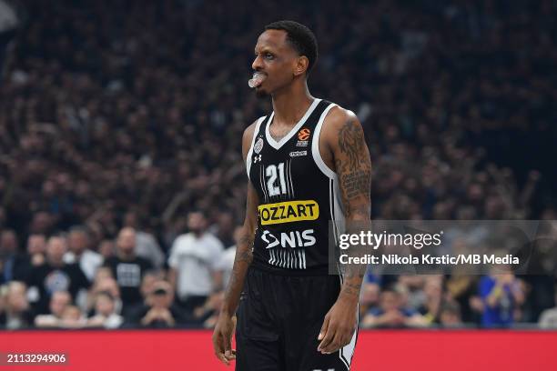 James Nunnally of Partizan Mozzart Bet Belgrade reacts during the 2023/2024 Turkish Airlines EuroLeague, Round 32 match between Partizan Mozzart Bet...