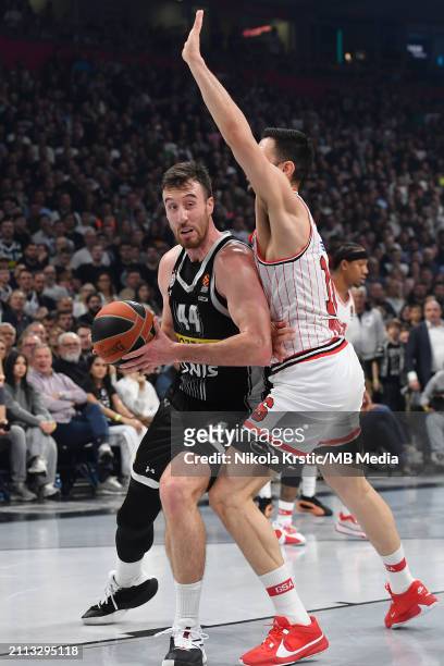 Frank Kaminsky of Partizan Mozzart Bet Belgrade in action under the basket during the 2023/2024 Turkish Airlines EuroLeague, Round 32 match between...