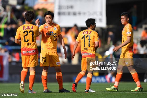 Shimizu S-Pulse players celebrate the team's 2-1 victory in the J.League J1 match between Shimizu S-Pulse and Kashiwa Reysol at IAI Stadium...