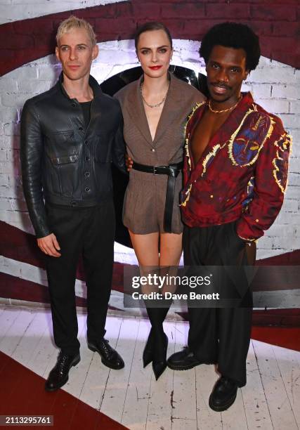 Luke Treadaway, Cara Delevingne and Michael Ahomka-Lindsay attend the gala performance after party for "Cabaret At The Kit Kat Club" celebrating new...