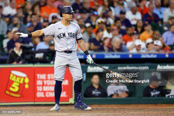 Anthony Volpe of the New York Yankees bats during the game between the New York Yankees and the Houston Astros at Minute Maid Park on Thursday, March...