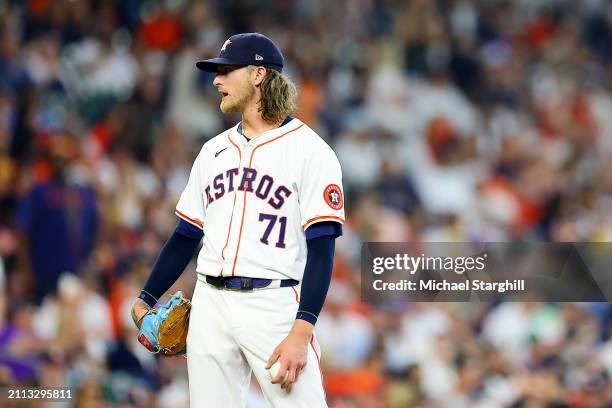 Josh Hader of the Houston Astros pitches during the game between the New York Yankees and the Houston Astros at Minute Maid Park on Thursday, March...