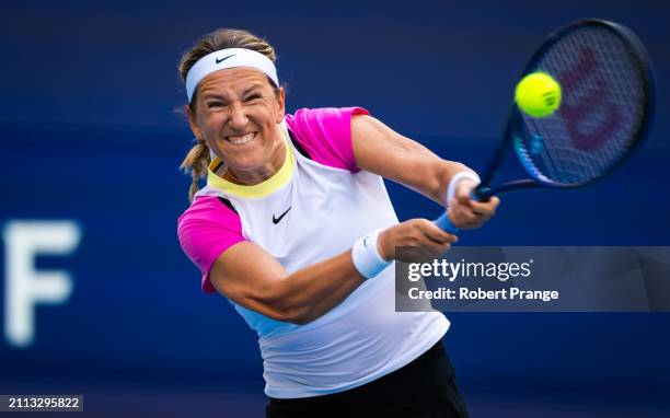 Victoria Azarenka in action against Elena Rybakina of Kazakhstan in the semi-final on Day 13 of the Miami Open Presented by Itau at Hard Rock Stadium...