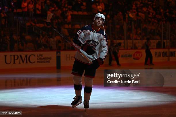 Damon Severson of the Columbus Blue Jackets skates before the first period during the game against the Pittsburgh Penguins at PPG PAINTS Arena on...