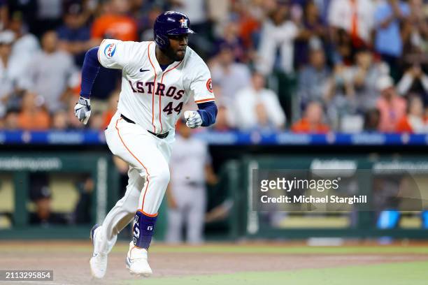 Yordan Alvarez of the Houston Astros singles in the ninth inning during the game between the New York Yankees and the Houston Astros at Minute Maid...