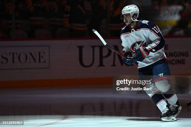 Johnny Gaudreau of the Columbus Blue Jackets skates before the first period during the game against the Pittsburgh Penguins at PPG PAINTS Arena on...