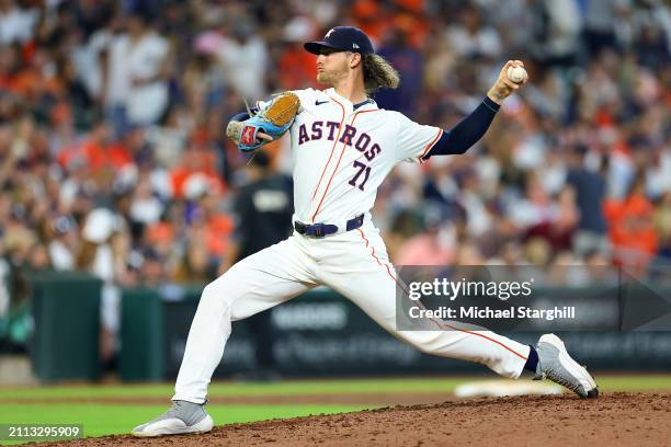 Josh Hader of the Houston Astros pitches during the game between the New York Yankees and the Houston Astros at Minute Maid Park on Thursday, March...