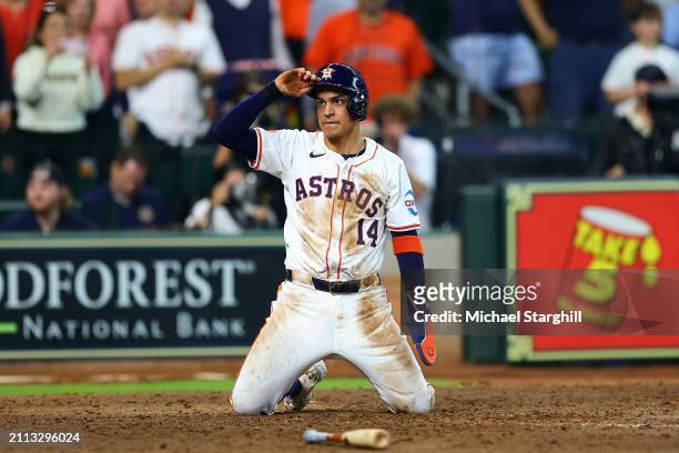 Mauricio Dubón of the Houston Astros looks on after being tagged out at home plate in the ninth inning during the game between the New York Yankees...
