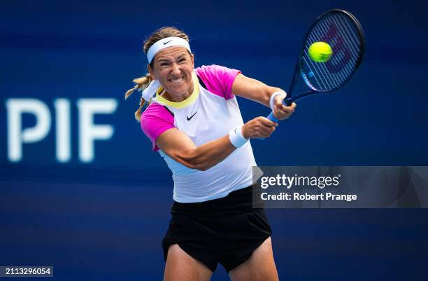 Victoria Azarenka in action against Elena Rybakina of Kazakhstan in the semi-final on Day 13 of the Miami Open Presented by Itau at Hard Rock Stadium...