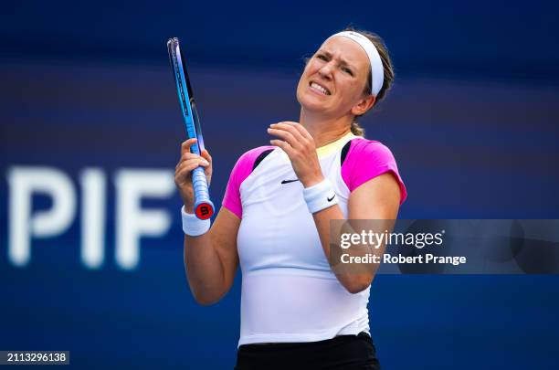 Victoria Azarenka in action against Elena Rybakina of Kazakhstan in the semi-final on Day 13 of the Miami Open Presented by Itau at Hard Rock Stadium...