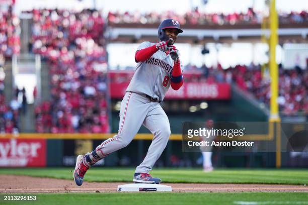 Eddie Rosario of the Washington Nationals celebrates while rounding the bases after hitting a home run in the seventh inning during the game between...