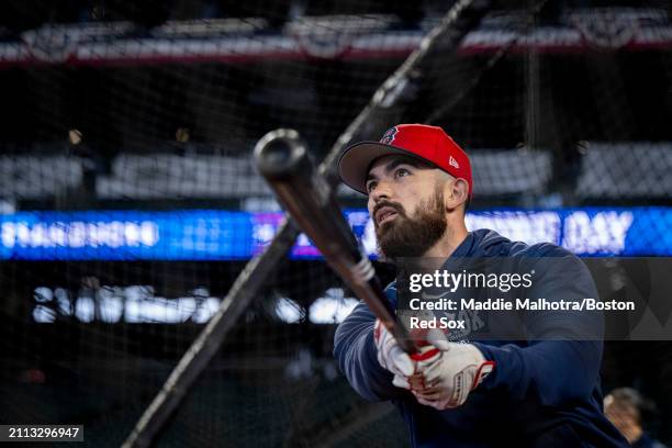 Connor Wong of the Boston Red Sox takes batting practice before the 2024 Opening Day game against the Seattle Mariners at T-Mobile Park on March 28,...