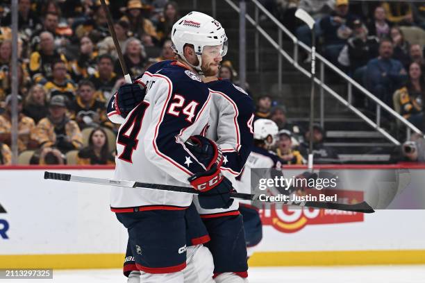 Mathieu Olivier of the Columbus Blue Jackets celebrates after scoring a goal in the second period during the game against the Pittsburgh Penguins at...