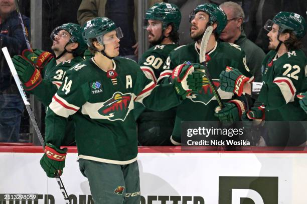 Joel Eriksson Ek of the Minnesota Wild celebrates his goal against the San Jose Sharks with Mats Zuccarello, Marcus Johansson, Frederick Gaudreau,...