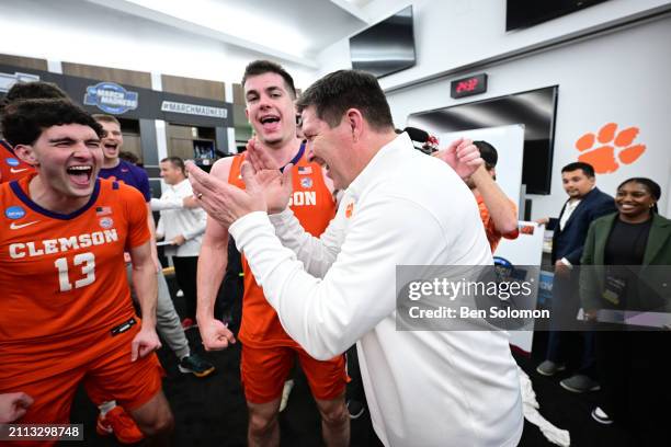 Head coach Brad Brownell of the Clemson Tigers celebrates the win in the locker room following the Sweet Sixteen round of the 2024 NCAA Men's...