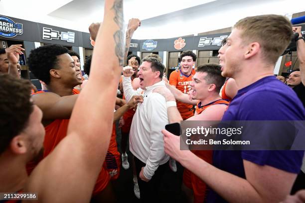 Head coach Brad Brownell of the Clemson Tigers celebrates the win in the locker room following the Sweet Sixteen round of the 2024 NCAA Men's...