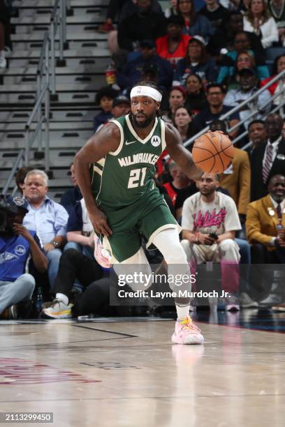 Patrick Beverley of the Milwaukee Bucks handles the ball during the game on March 28, 2024 at the Smoothie King Center in New Orleans, Louisiana....