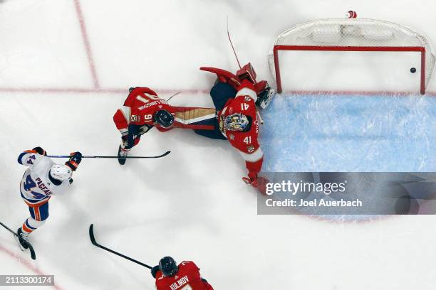 Jean-Gabriel Pageau of the New York Islanders scorers a go ahead goal against Goaltender Anthony Stolarz of the Florida Panthers during second period...