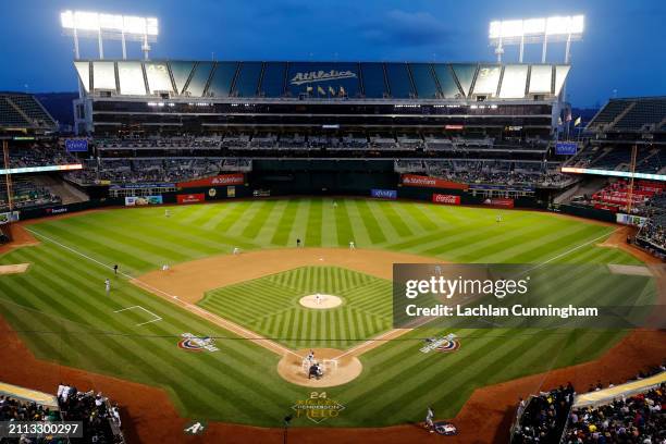 General view of RingCentral Coliseum during the game between the Cleveland Guardians and the Oakland Athletics on Thursday, March 28, 2024 in...