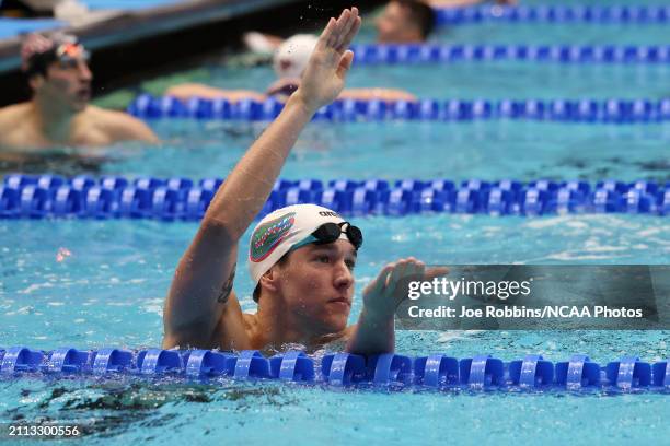 Jake Mitchell of Florida reacts after winning the Men 500 Yard Freestyle consolation final during the Division I Men's Swimming and Diving...