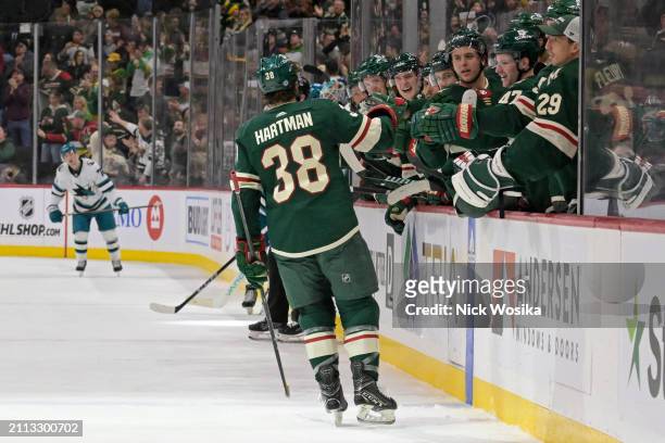 Ryan Hartman of the Minnesota Wild celebrates his empty-net goal against the San Jose Sharks during the third period at Excel Energy Center on March...