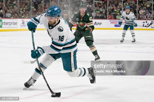 Filip Zadina of the San Jose Sharks takes a shot on goal against the Minnesota Wild during the third period at Excel Energy Center on March 28, 2024...