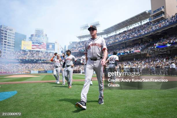 Bob Melvin heading back to the dugout after the National Anthem on Opening Day at Petco Park on March 28, 2024 in San Diego, California.