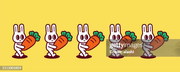 a group of cute rabbits, each holding a big carrot, walking in a straight line - large dinner party stock illustrations