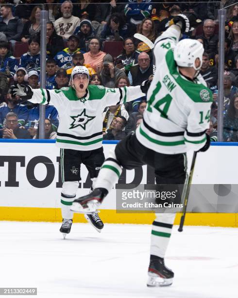 Roope Hintz of the Dallas Stars celebrates a goal by Jamie Benn against the Vancouver Canucks during the third period at Rogers Arena on March 28,...