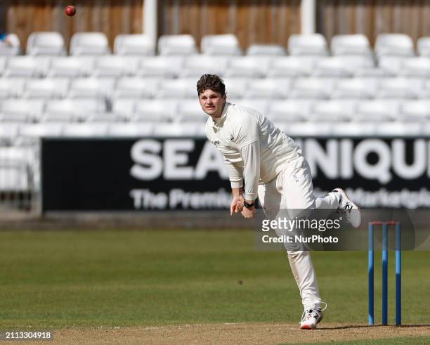Freddie Fallows is bowling for Durham UCCE during the friendly match between Durham County Cricket Club and Durham UCCE at the Seat Unique Riverside...