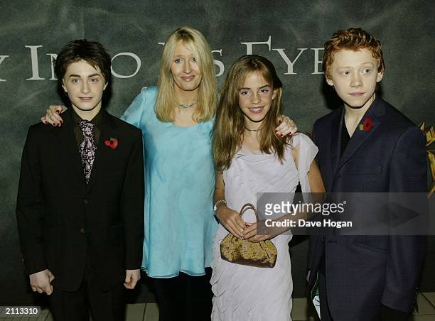 Actor Daniel Radcliffe, author J.K. Rowling, actress Emma Watson and actor Rupert Grint attend the world premiere of 'Harry Potter and the Chamber of...