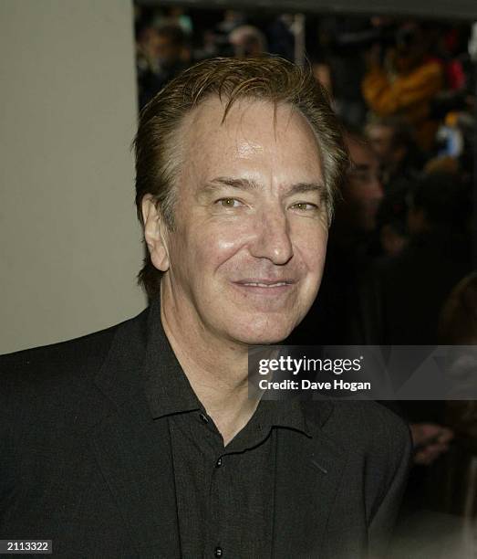 Actor Alan Rickman attends the world premiere of 'Harry Potter and the Chamber of Secrets' at the Odeon Leicester Square on November 3, 2002 in...