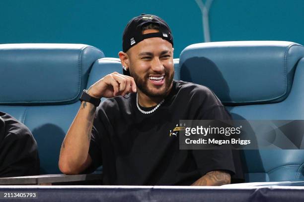 Neymar attends a match between Carlos Alcaraz of Spain and Gael Monfils of France during the Miami Open at Hard Rock Stadium on March 25, 2024 in...
