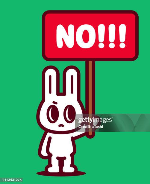 stockillustraties, clipart, cartoons en iconen met a cute bunny holds a prohibition sign (no symbol) - mad bunny