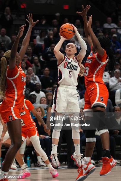 Paige Bueckers of the Connecticut Huskies shoots against the Syracuse Orange during the second half of a second round NCAA Women's Basketball...