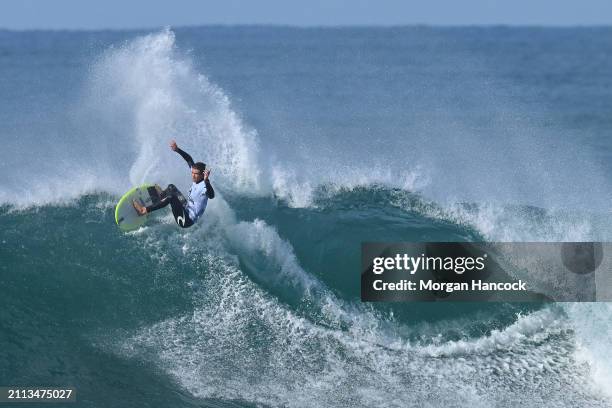 George Pittar of Australia surfs in their first heat during the 2024 Rip Curl Pro Bells Beach on March 26, 2024 in Bells Beach, Australia.