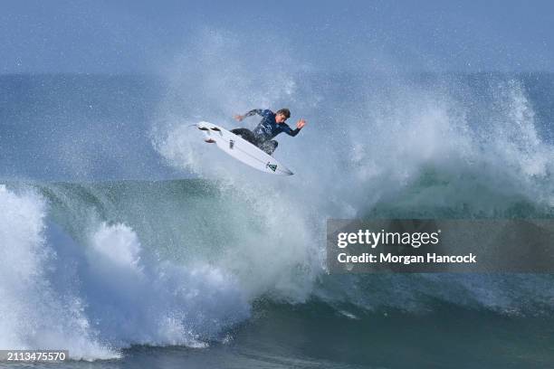 Matthew McGillivray of South Africa surfs in their first heat during the 2024 Rip Curl Pro Bells Beach on March 26, 2024 in Bells Beach, Australia.