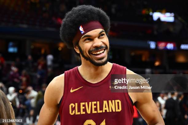 Jarrett Allen of the Cleveland Cavaliers smiles during an interview after the game against the Charlotte Hornets at Rocket Mortgage Fieldhouse on...