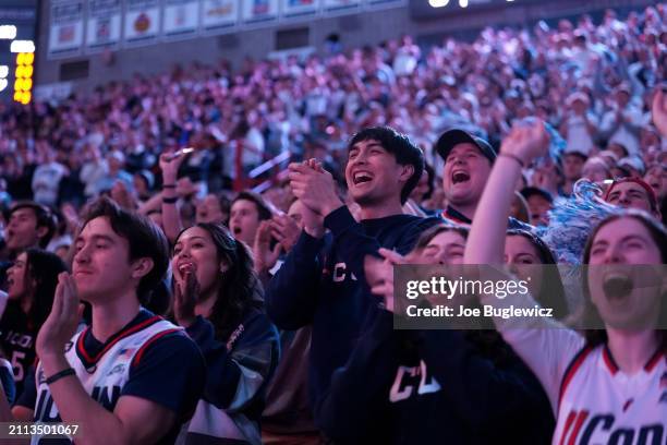 Connecticut Huskies fans cheer before a second round NCAA Women's Basketball Tournament game against the Syracuse Orange at the Harry A. Gampel...